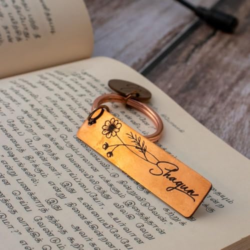 Image of Personalized Engraved Metal Keychains - Custom Name & Initial Key Rings with Floral according to month Design - Unique Gift for Couples, Friends & Loved Ones