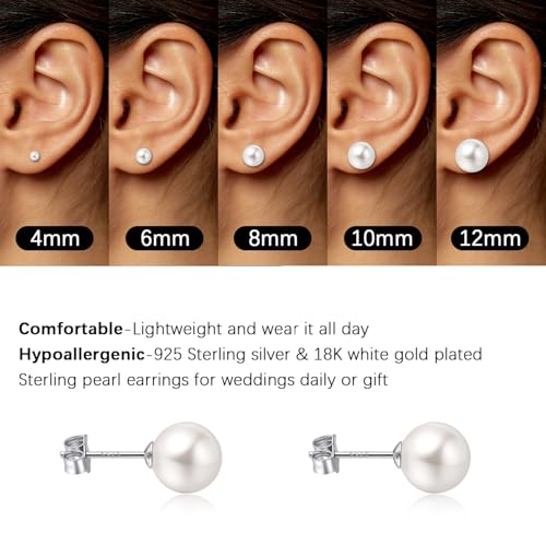 White Gold Plated Sterling Silver Pearl Stud Earrings for Women, White Pearl Wedding Earrings Hypoallergenic Jewelry3