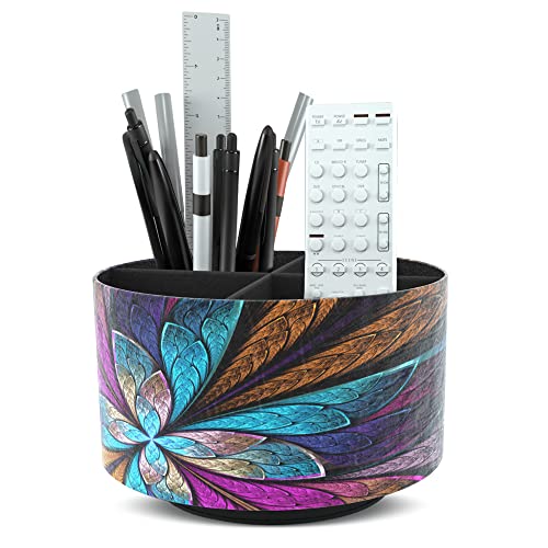 Hennaja Round Leather Art Supply Organizer,Remote Control Holder,360 Degree Rotating,Multi-Functional Pencil Holder,4 Compartments Desktop Stationary Organizer(1-Fractal Flower)