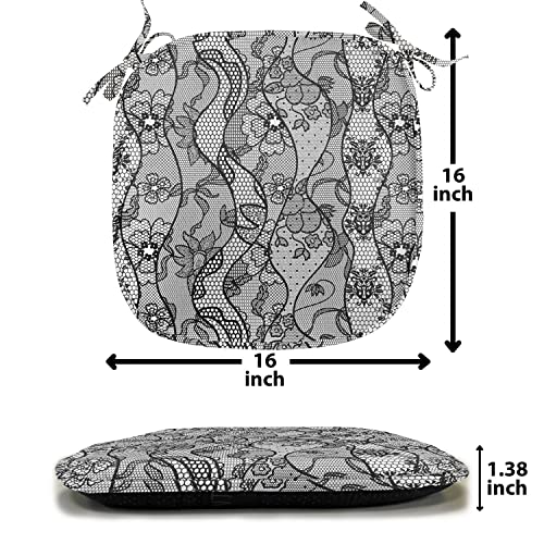 Ambesonne Floral Chair Seating Cushion Set Of 12, Lace Gothic Pattern With Flower Effect And Leaves Ornamental Antique Feminine Design, Seat Pads For Office With Anti-Slip Backing, 16"X16", Black Grey #TOP6