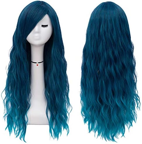 Mildiso Blue Wigs for Women 26" Long Blue Wig with Bangs Curly Wavy Natural Cute Soft Wig with Wig Net M062B