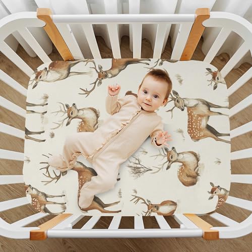 Image of Vintage Forest Deer Crib Sheets Soft Breathable Fitted Baby Crib Sheets Mattress Cover for Girls Boys, 52 inch x 28 inch x 9 inch