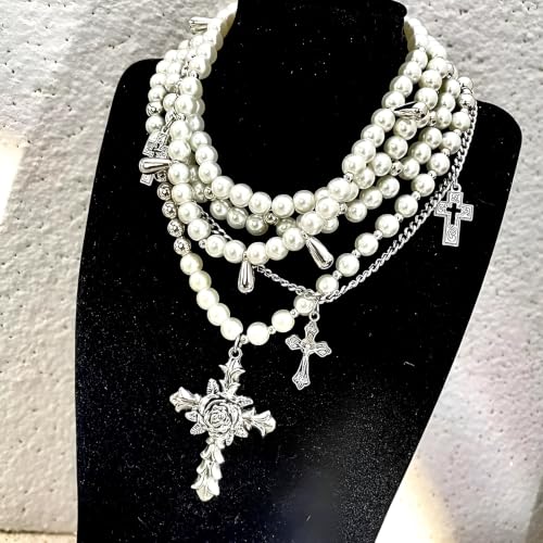Collier de perles gothique long chapelet et croix strass - 3