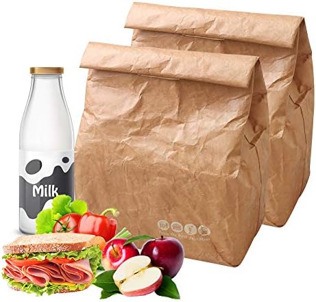 Hangnuo 2 Pack Insulated Brown Paper Lunch Bags Reusable, Retro Lunch Sacks for Adults Work Office, Brown Paper - 10" x 8" x 4.3"