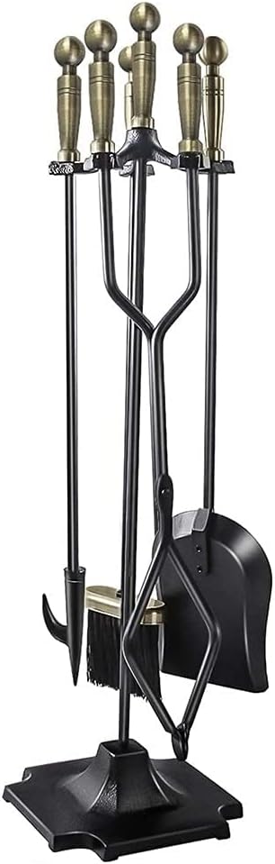 Sturdy Fire Place Accessories Tools Holder with Tongs Shovel Brush Poker Wrought Iron Indoor Outdoor 5 Pcs Fireplace Tools Sets Rustic Hearth Tool with Bronze Handle