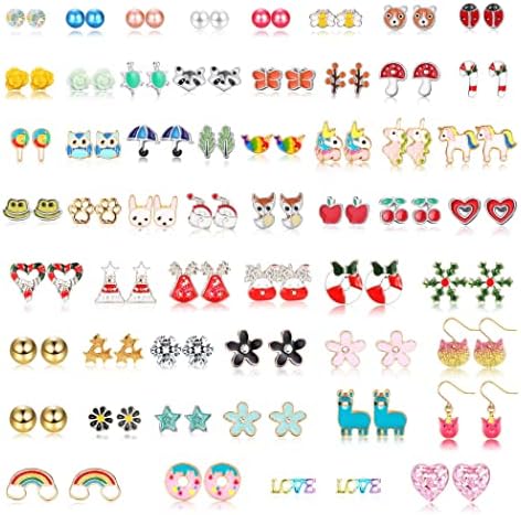 KALVICA 54 Pairs Hypoallergenic Earrings for Girls Christmas Stud Earrings Small Stud Earrings Cute Animals Flowers Pearl Stud Earrings Set for Kids Girls Women Christmas Gift