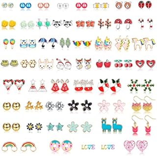 KALVICA 54 Pairs Hypoallergenic Earrings for Girls Christmas Stud Earrings Small Stud Earrings Cute Animals Flowers Pearl Stud Earrings Set for Kids Girls Women Christmas Gift