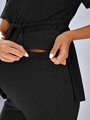 Oyoangle Women's Maternity 2 Piece Outfits Split Hem Belted Tee Shirt And Adjustable Waist Pants Set Black S #TOP4