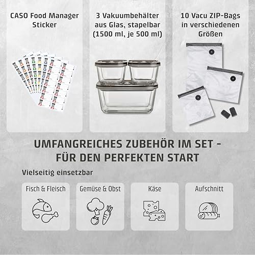 CASO Vacu OneTouch Eco-Set, Handvakuumierer inkl. 3 Vakuumbehälter aus Glas, 10 ZIP-Beutel und Food Manager Sticker, kabellos, bis zu 150 Minuten Laufzeit, aufladbar, Schwarz