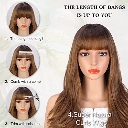 Xixibi Brown Wig With Bangs, Light Brown Wigs For Women Ombre Brown Wigs With Dark Roots Synthetic Heat Resistant Fiber Wigs For Daily Party (26Inch) #TOP5
