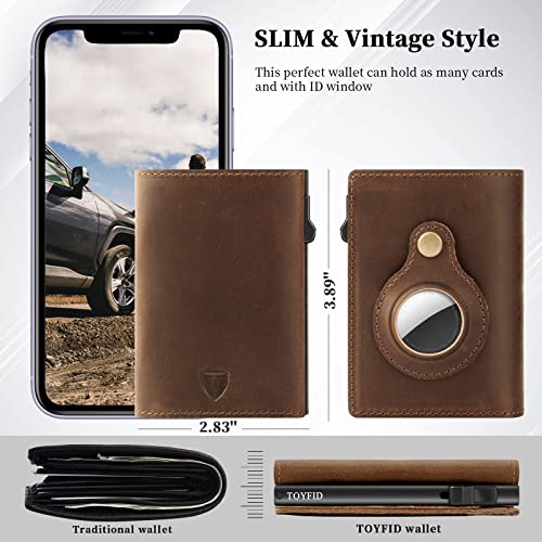 Toyfid Trifold Leather Brown Wallets For Men With Airtag Holder - Pop Up Card Holder&Id Window | Magnetic Closure Rfid Wallets - Full Grain Leather Credit Card Wallet With 10 Card Capacity #TOP5
