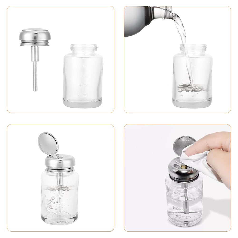 Nail Polish Remover Pump Bottle Dispenser, 80ml Empty Glass Acetone Dispenser Pump Push Down Cleanser Container Makeup Liquid Refillable with Stainless Steel Cap Lockable for Make Up Cosmetics Travel - Image 2