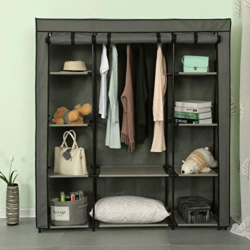 Homebi Clothes Closet Portable Wardrobe Durable Clothes Storage Organizer Non-Woven Fabric Cloth Storage Shelf with Hanging Rod and 10 Shelves for Extra Storage, 59.05" W x 17.72" D x 65.4" H (Grey)