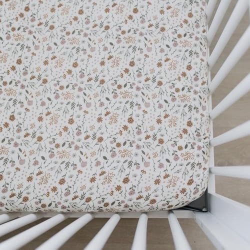 Image of Meadow Floral Muslin Crib Sheet by Mebie Baby, Soft and Breathable Bed Sheets for Babies, Modern Neutral Bedding for Cribs, Standard Crib Mattress Fitted Sheet, Great for Boy or Girl Room or Nursery