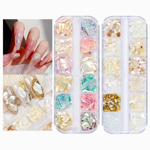 24 Grids Abalone Shell Nail Art Sequins, Aurora Ultrathin Seashell Nail Gems, Natural Color Mermaid Slices Stuff for Nail Art Decorations Accessories