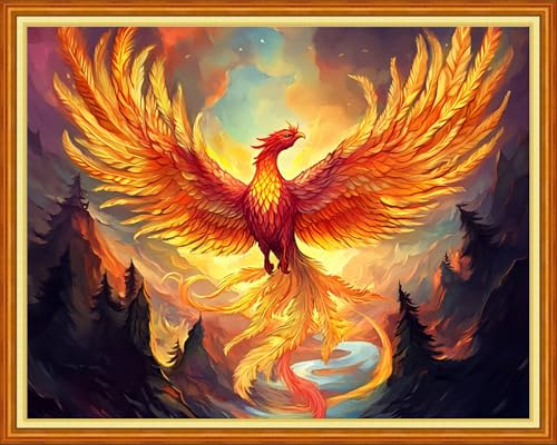 Image of Redxing Stamped Cross Stitch Kits Full Range of Embroidery Starter Kits- Needlepoint Counted Cross Stitch Kits for Beginner Adults 11CT Printed Embroidery Kit-Fire Phoenix Mountains Rivers 16x20 inch