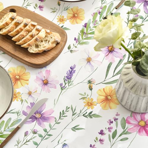Horaldaily Spring Summer Tablecloth 52x70 Inch Rectangular, Yellow White Purple Daisy Floral Table Cover for Party Picnic Dinner Decor by Horaldaily - Image 5