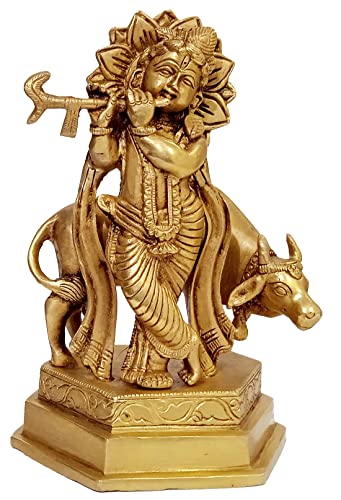 Sculpture Krishna en laiton de collection, art traditionnel pour temple