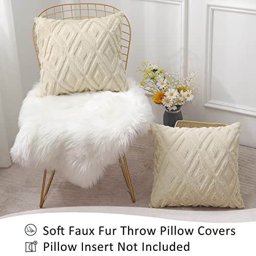 Pallene Soft Faux Fur Throw Pillow Covers 18X18 - Plush Short Wool Velvet Decorative Pillow Covers - Couch Sofa Pillow Covers For Living Room - With 3D Diamond Pattern - Set Of 2 - Beige #TOP1