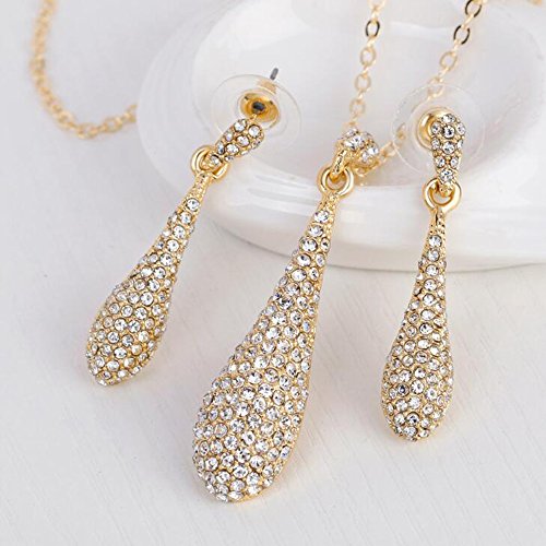 Yinli Gold Full Crystal Rhinestone Gem Tear Drop Pendant Necklace Earrings Jewelry Sets (Style01) #TOP4