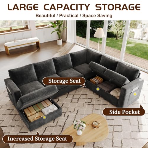 Image of 106.7 inch Chenille Sectional Sleeper Sofa, Pull Couch with Storage, Dark Gray | 7 Seat Comfy Couches for Living Room, Apartments, or Guest Spaces; Sectionals Modular Sofa Design, Comfortable Seating.