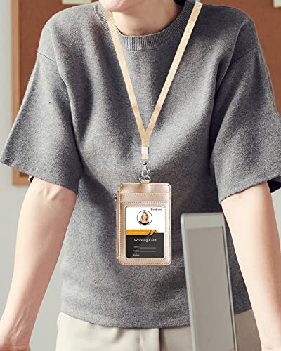 Teskyer Badge Holder With Side Zip Pocket, Multiple Card Slots Leather Id Holder Wallet With Neck Lanyard For Office Staffs, Teachers/Students, Couriers, Workers, Gold #TOP1