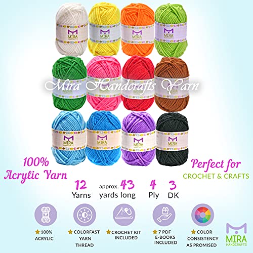 Mira Handcrafts 12 Acrylic Yarn Skeins, 2 Crochet Hooks And Real Project Book - Total 516 Yards Crafts Worsted Yarn – Ideal Starter Kit And Excellent For Mini Projects And Granny Squares #TOP2