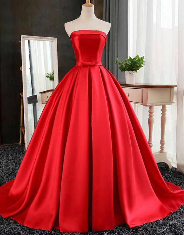 Women's Strapless Satin Prom Dresses Long A-line Formal Evening Party Gowns with Pockets4