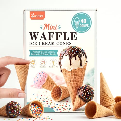 Zashier Mini Ice Cream Cones, 40 Count Waffle Cones for Desserts & Parties