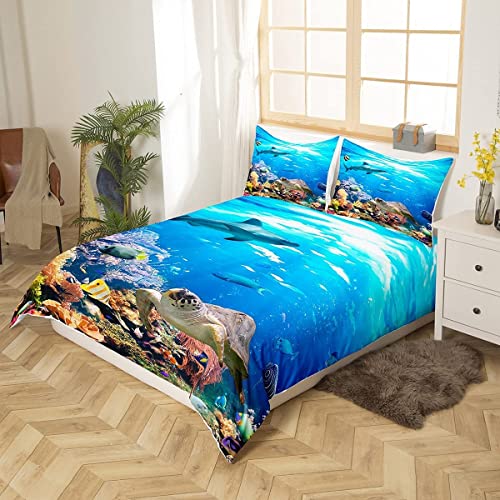 Erosebridal Sea Turtle Duvet Cover Twin Shark Bedding Set,Ocean Animals Fishes Quilt Cover,Tortoise And Rainbow Color Coral Printed Home Textiles Comforter Cover For Teens Boys Girls,With Zipper #TOP2
