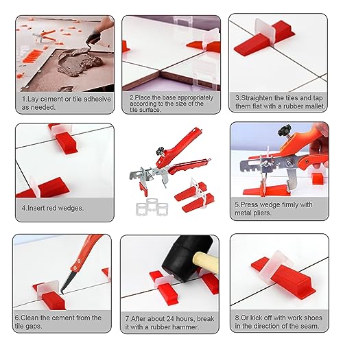 Fliesen Nivelliersystem Kit 2mm Fliesenverlegehilfe Set, mit 300 Zuglaschen + 100 Fliesenkeile + 1 Fliesenzange, für Fliesenhöhe 6-15 mm