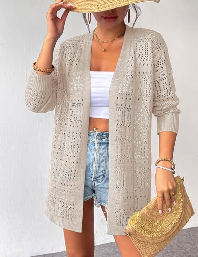 Image of Zeagoo Womens 2026 Summer Crochet Cardigan Sweaters Lightweight Long Sleeve Open Front Kimono Boho Knit Cover Ups