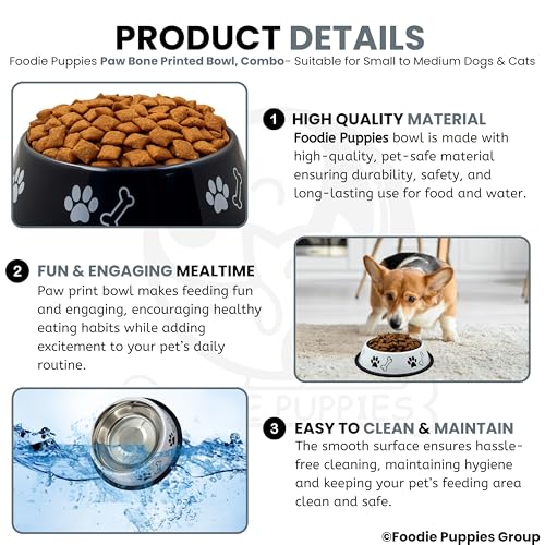 Image of Foodie Puppies Stainless Steel Dog Bowl Combo - (Medium, 700ml) Food and Water Feeding Gift Bowl | Suitable for Dogs, Cats and Other Pets I Paw Bone Print, Anti-Skid Rubber Base (White + Black)