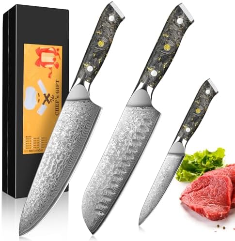 Kuwata 3PCS Professional Damascus Black Gold Series VG10 Damascus Steel Kitchen Knife Set with G10 Ergonomic Handle