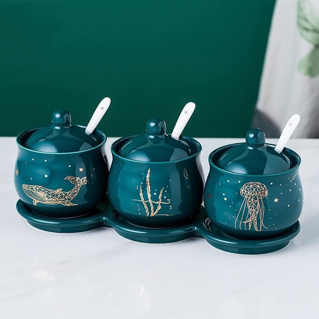 Seasoning Bottle Set 200 ML (6.8 OZ) Porcelain Condiment Jar Spice Container with Lids Ceramic Serving Spoon and Tray Best Pottery Cruet Pot Storage Jar Set for Your Home, Kitchen, Counter , Set of 4