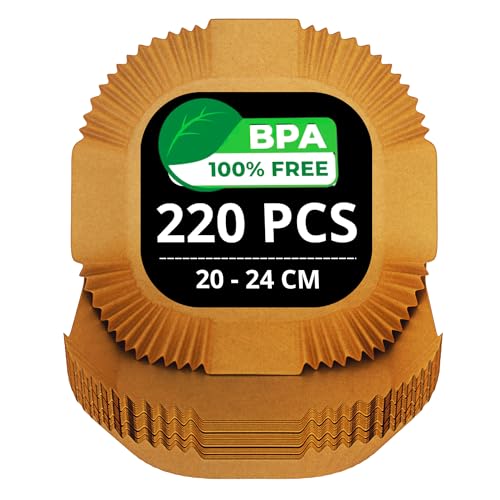 200/220 Piezas Papel Freidora Aire de 20-24cm BPA Free | Accesorios Air Fryer en Formato Cuadrado y Plano | Compatible para 5-7 Litros. (220 Cuadradas)