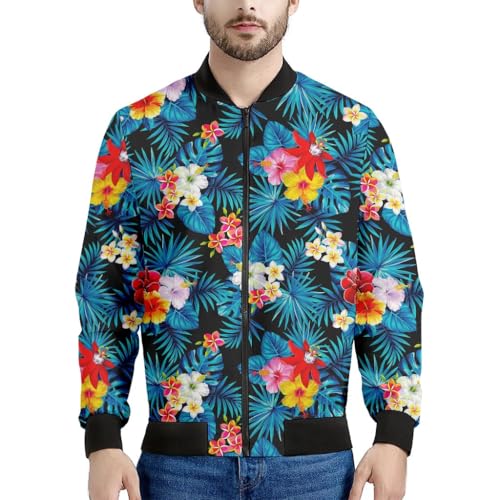 Men's Hawaiian Turquoise Pattern Bomber Jacket | Tropical Print Outerwear