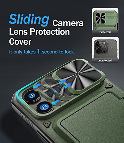 Image of Vihibii for iPhone 14 Pro Max Wallet Cover with Card Holder (Storage 4 Cards), Slide Camera Cover & Kickstand, [Military Grade Drop Protection] Phone Case for i14 Pro Max 6.7 inch (2022), Green