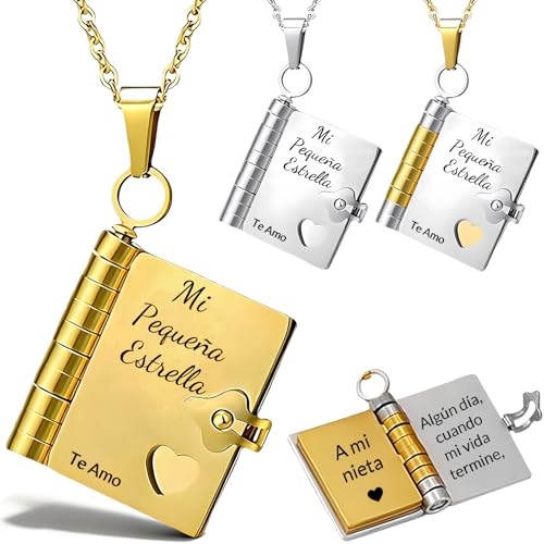 zyinoant Collar Libro Para mi Nieta Personalizado Colgante de Libro Para Nieta Español Abierto con 6 Páginas de Información Grabada Ajustable Collar Nombre Personalizado Regalo de Cumpleaños (B, Oro)