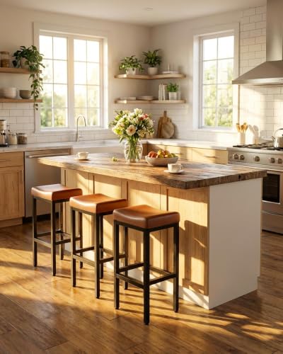 Image of Bar Stools Set of 2-24 Inch Counter Height Chairs for Kitchen Island, Leather Seat with 400 LBS Heavy-Duty Metal Frame and Adjustable Feet, Easy to Assemble for Bar, Cafe or Dining Room,Brown