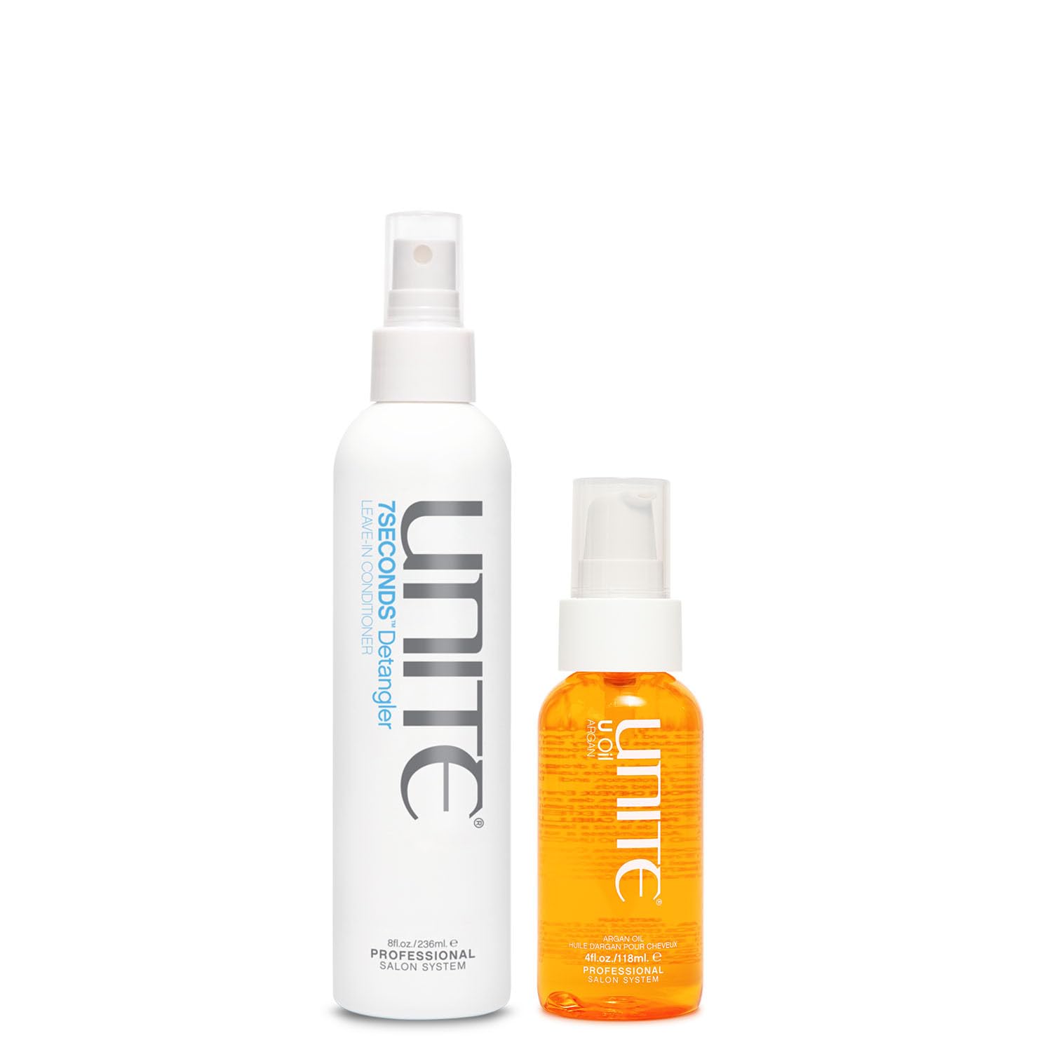 UNITE Hair – 7SECONDS Detangler & U Oil – Instantly Detangles, Hydrates & Adds Brilliant Shine – UV & Heat Protection, Frizz Control – 8 Fl Oz & 4 Fl Oz