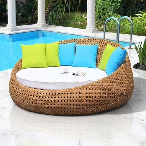 Image of DEVOKO Outdoor Double Seater Wicker Patio Weatherproof Daybed with Water-Resistant Cushions Furniture for Poolside,Garden,Balcony,Terrace(Honey Wicker & White Cushion)