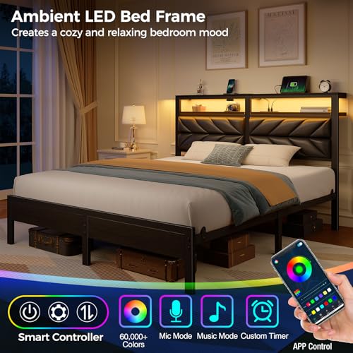 Image of Seventable Full Size Bed Frame with Charging Station & LED Lights, Upholstered Headboard with 2-Tier Storage Shelves, Metal Platform with Under Bed Storage, No Box Spring Needed, Easy Assembly, Black