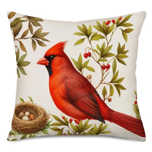 Fukeen Red Cardinal Birds Square Throw Pillow Cases Hawthorn Tree Branch Bird Nest Decorative Cotton Linen Cushion Covers French Stamp Background Home Living Room Decor 18×18 Pillowslip