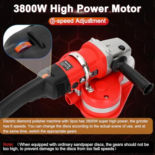 Electric Diamond Polisher Machine, 3800W Concrete Surface Grinder with 4 Types (12Pcs) Grinding Wheels, 6 Speed Control & Dust Extraction Shroud for Stone/Concrete/Marble/Granite Surface Polisher - Image 5