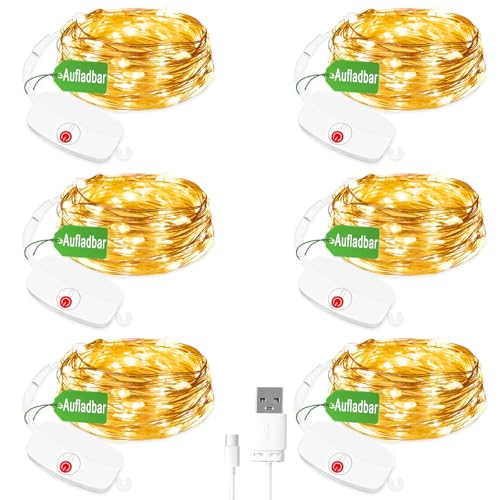 Guirlande LED rechargeable 3m blanc chaud : lot de 6 mini guirlandes à pile IP65