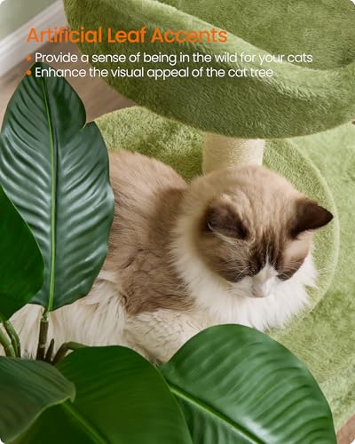 Feandrea Cat Tree, 68.1-Inch Tall Cat Tower, Multi-Level Plush Cat Condo with Artificial Leaves, 3 Scratching Posts, 2 Pompoms with Bells, for Indoor Cats, Grass Green and Camel Brown UPCT330C01