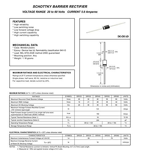 10Pcs Sr560 (Sb560) Schottky Barrier Rectifier Diodes 5A 60V Do-201Ad (Do-27) Axial 5 Amp 60 Volt #TOP2