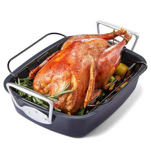 HONGBAKE Extra Large Turkey Roasting Pan with Rack (U-Shaped), 18.7&times;13.6 Inch Nonstick Roaster Pan...