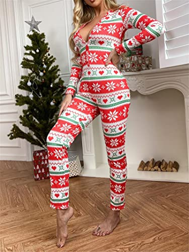 Dames Kerstmis Eendelige Jumpsuits Button Down Diepe V-hals Lange Mouwen Onesie Pyjama Romper Skinny Nachtkleding Nachtkleding - Afbeelding 3
